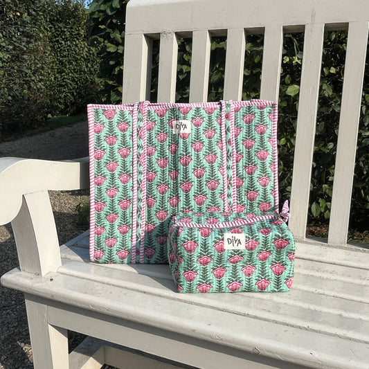 Handcrafted Floral Big Pouch - Green & Pink