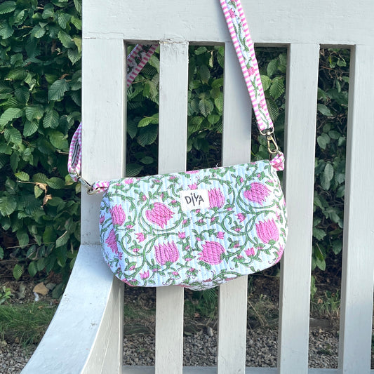 White with Pink Flower Artisan Crossbody Bag