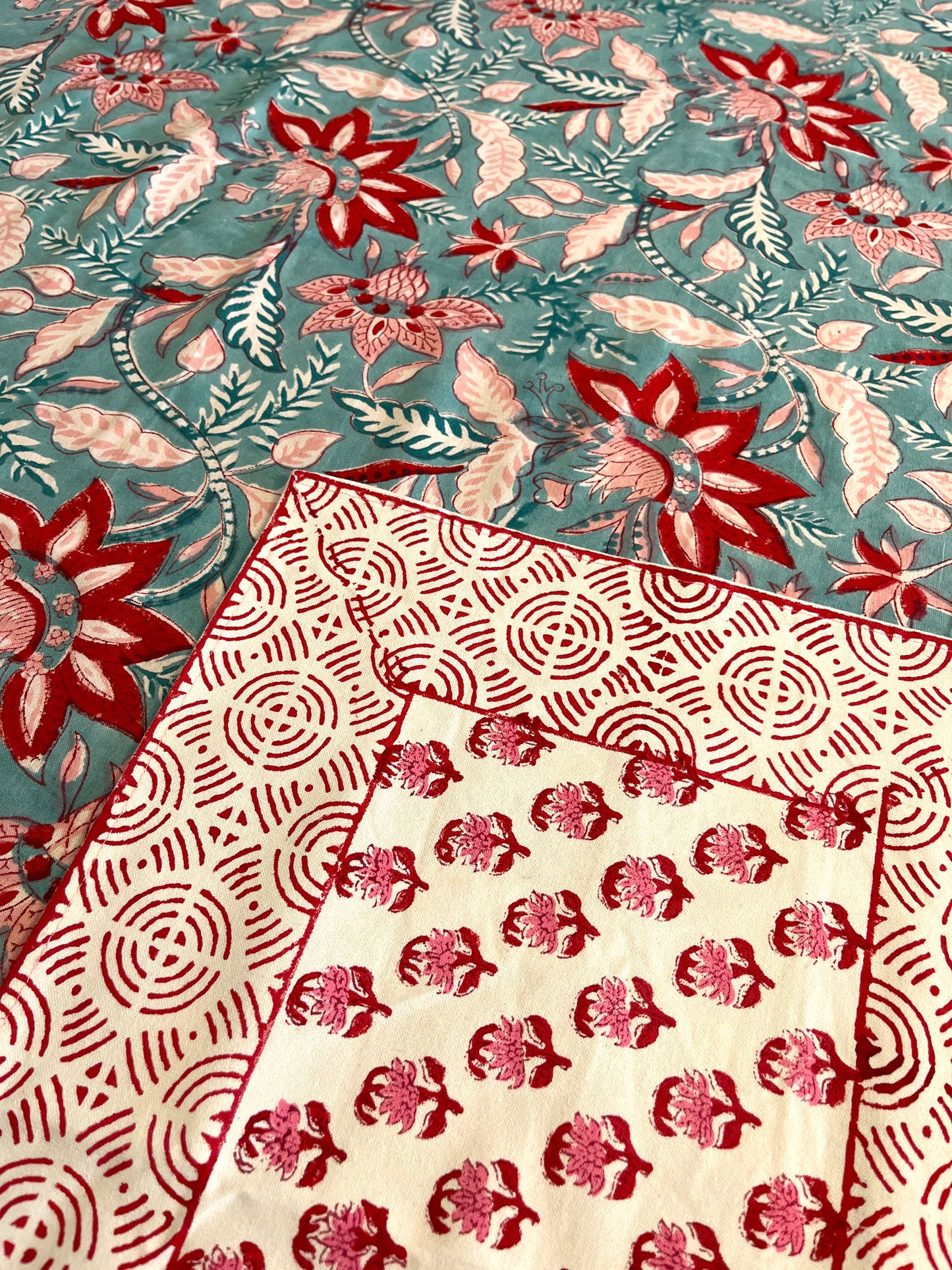 Scarlet Bloom on Blue Table Cover