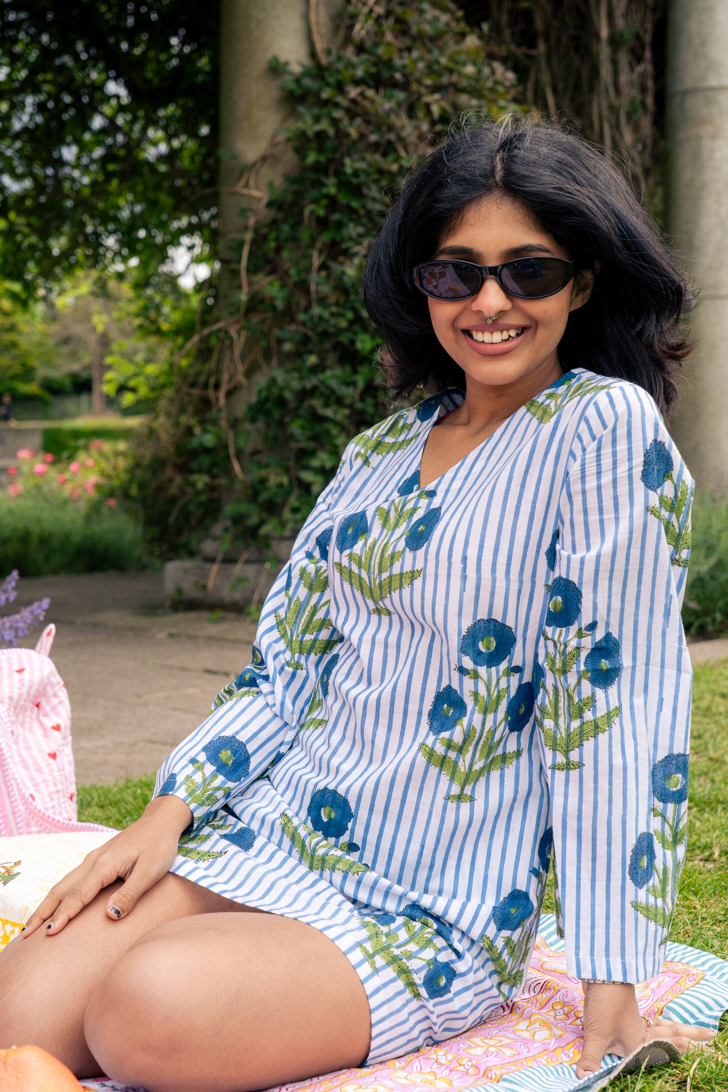 White And Blue Floral Cotton Summer Dress
