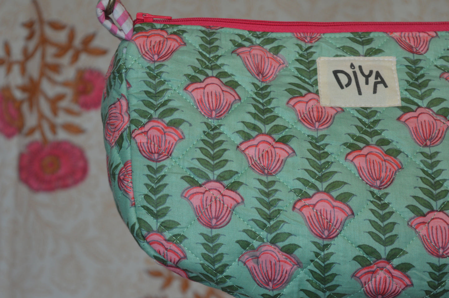 Green Crossbody Bag with Pink Floral Motif