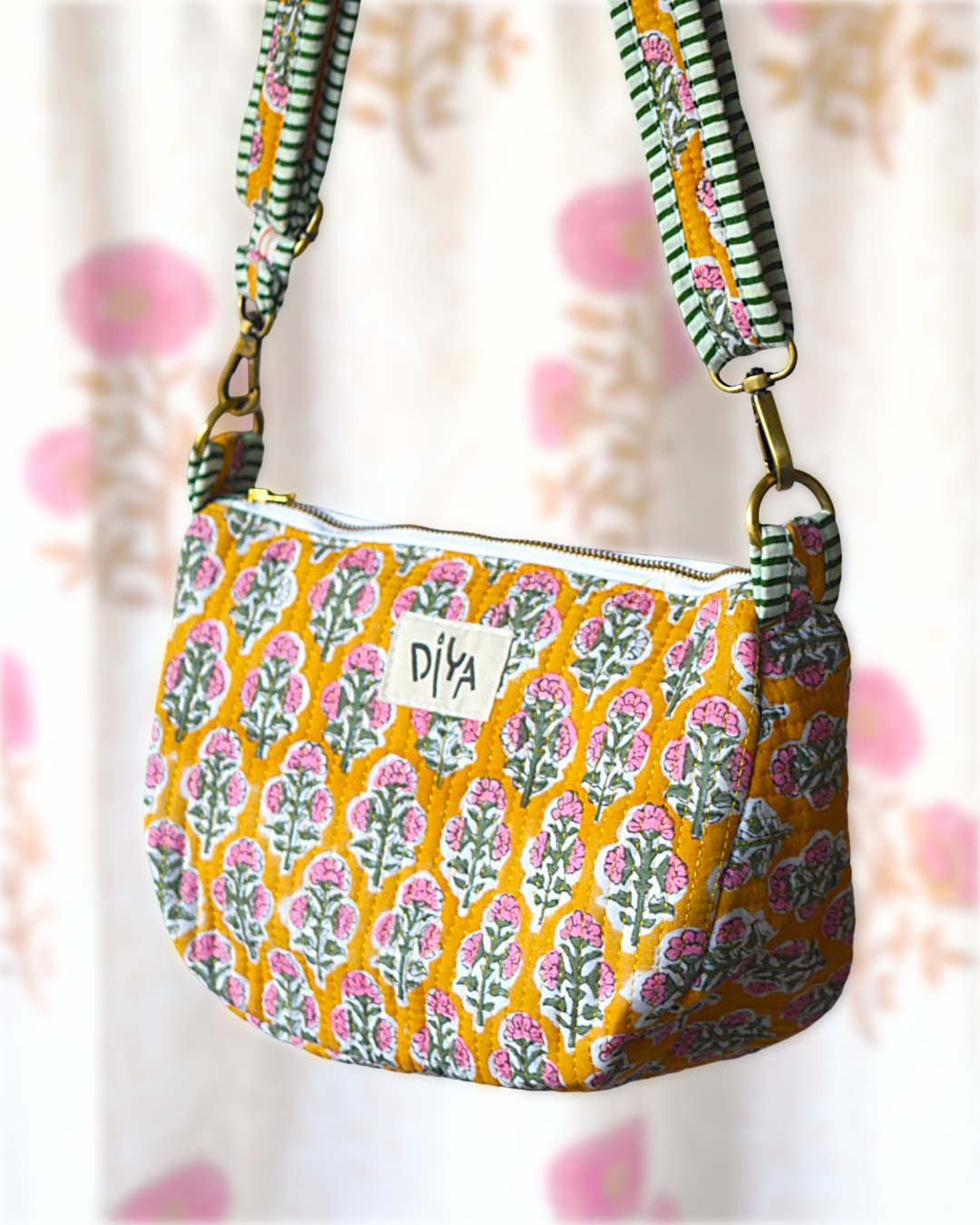 Yellow - Pink Flower Cross Body Bag