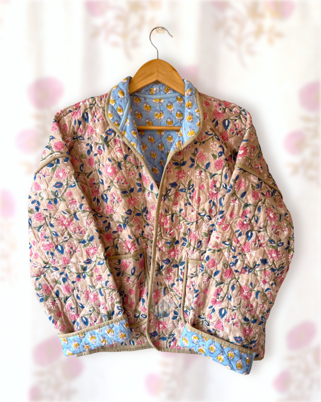 Green with Blue Flowers Reversible Quilted Jacket