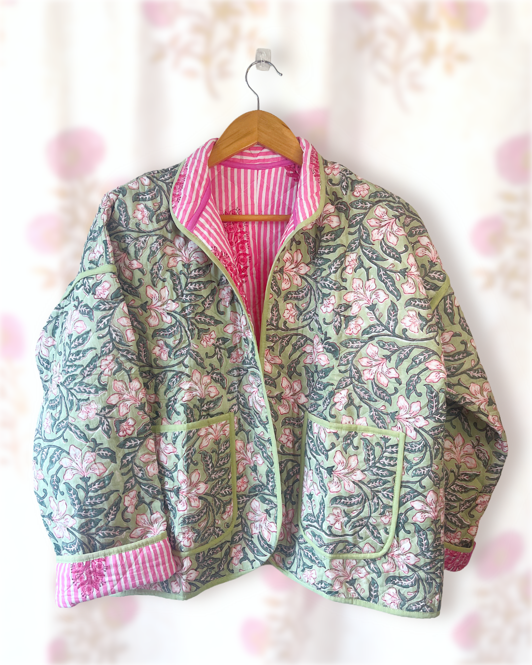Mint Green & Pink Floral Reversible Quilted Jacket