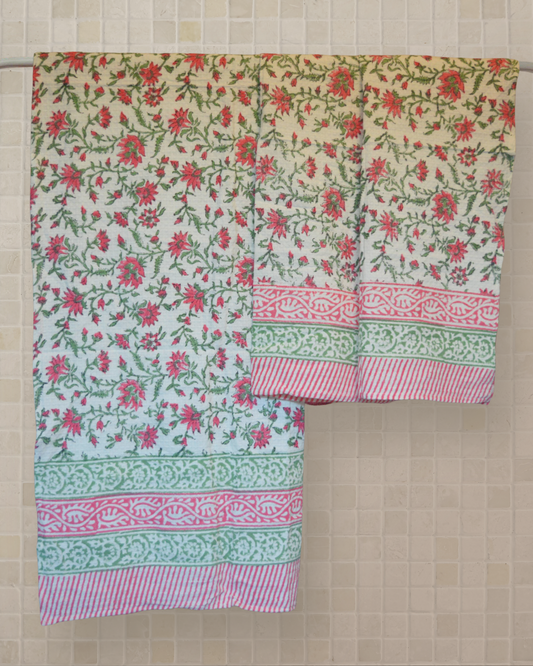 Green & Pink Floral Cotton Towel Set