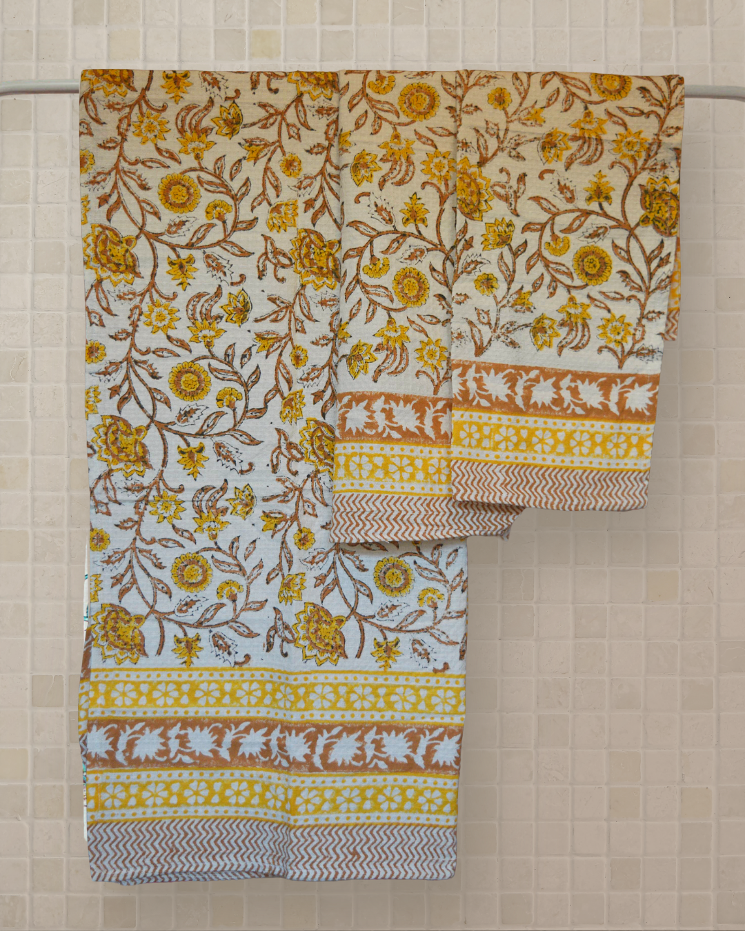 Yellow Block Print Cotton Towel Set
