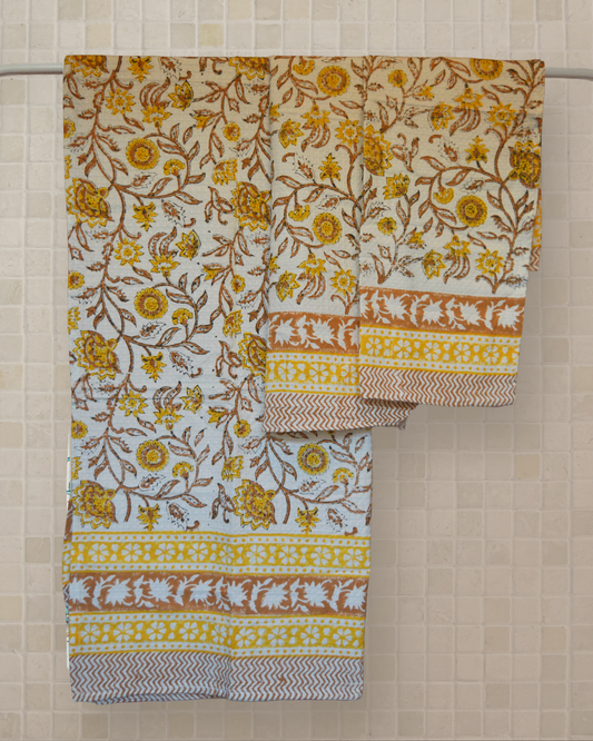 Yellow Block Print Cotton Towel Set