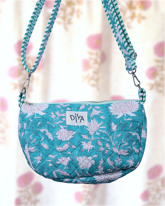 Turquoise Green With White Floral Cross Body Bag