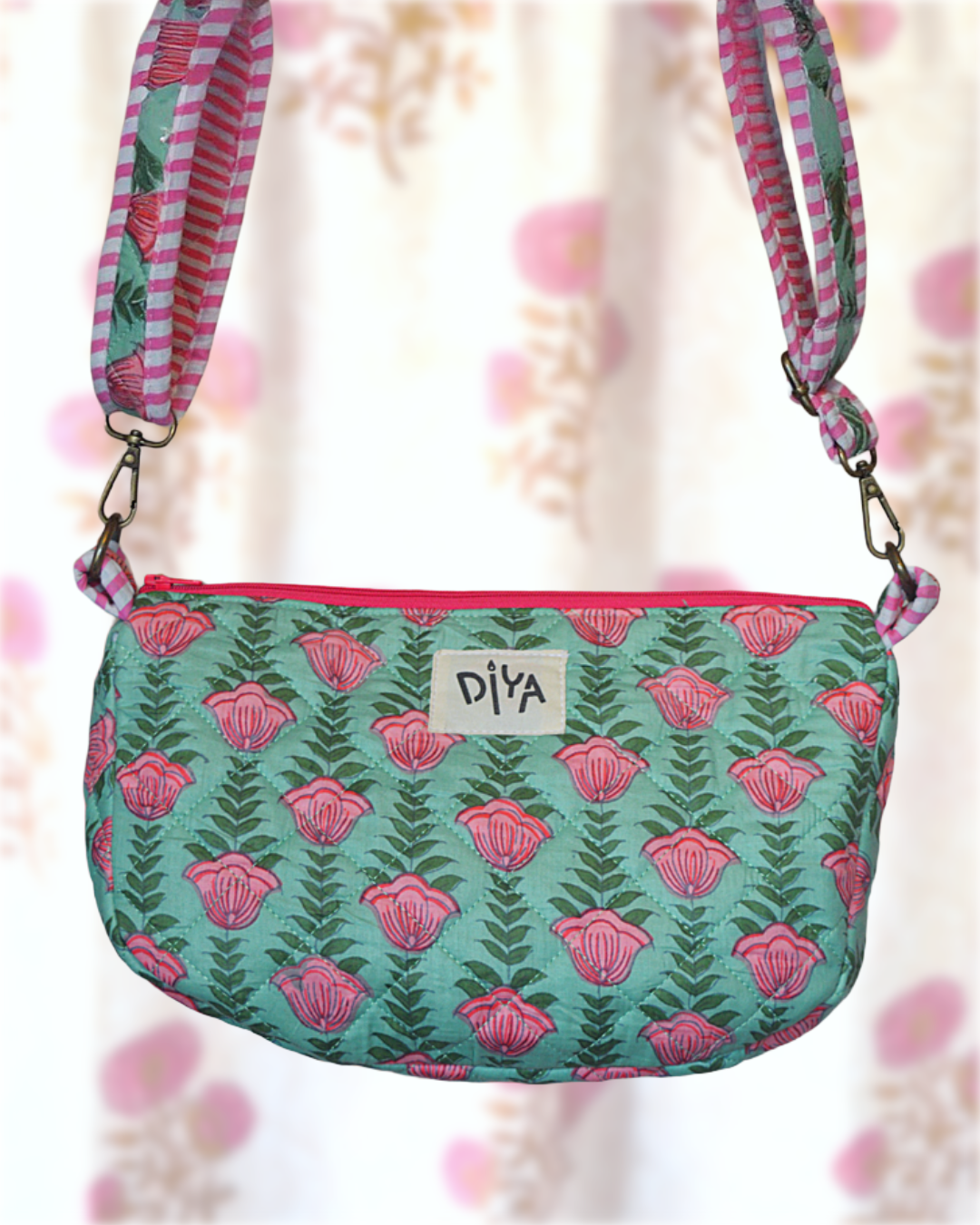 Green Crossbody Bag with Pink Floral Motif