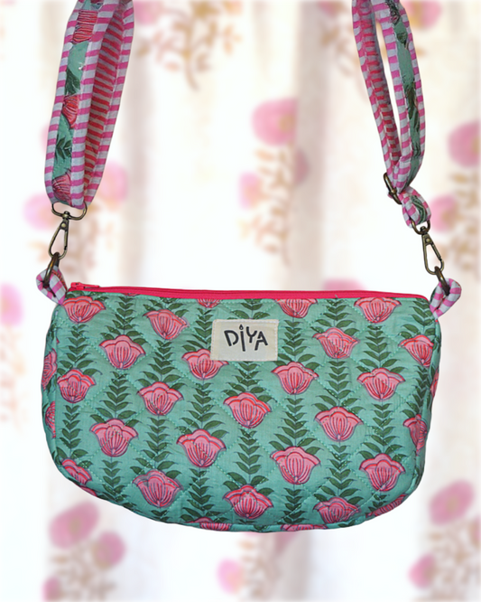 Green Crossbody Bag with Pink Floral Motif