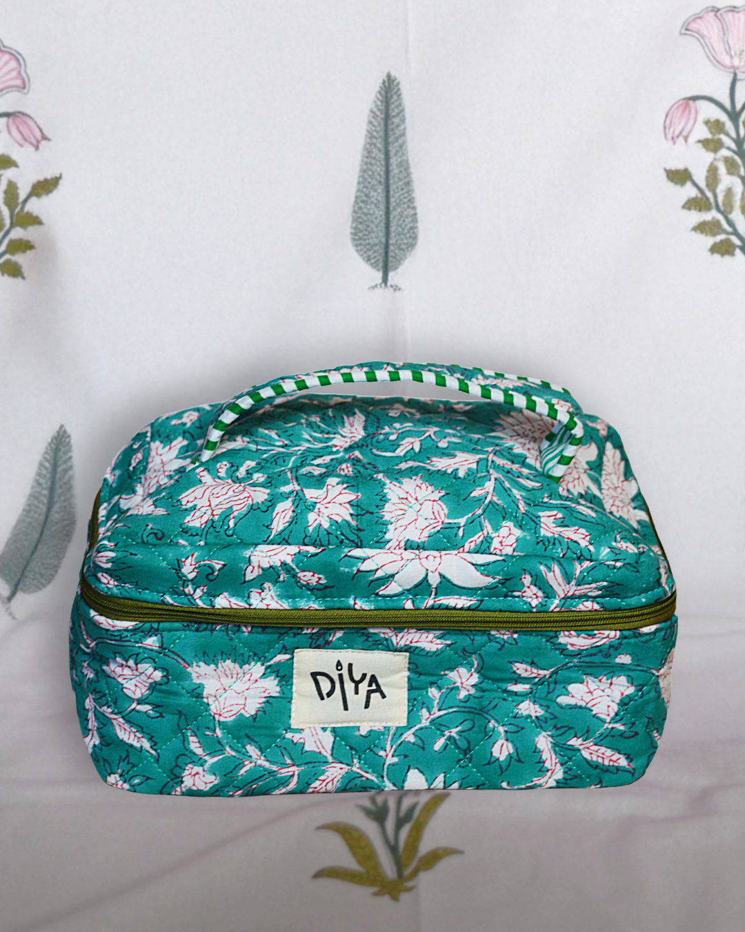 Olive Green Floral Makeup Pouch