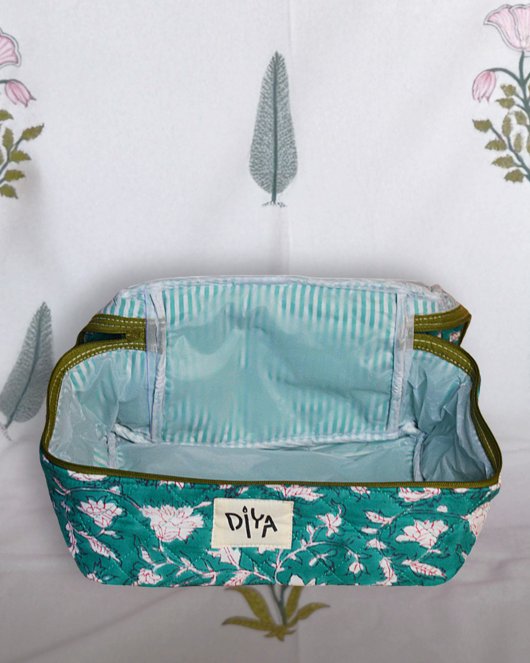 Olive Green Floral Makeup Pouch