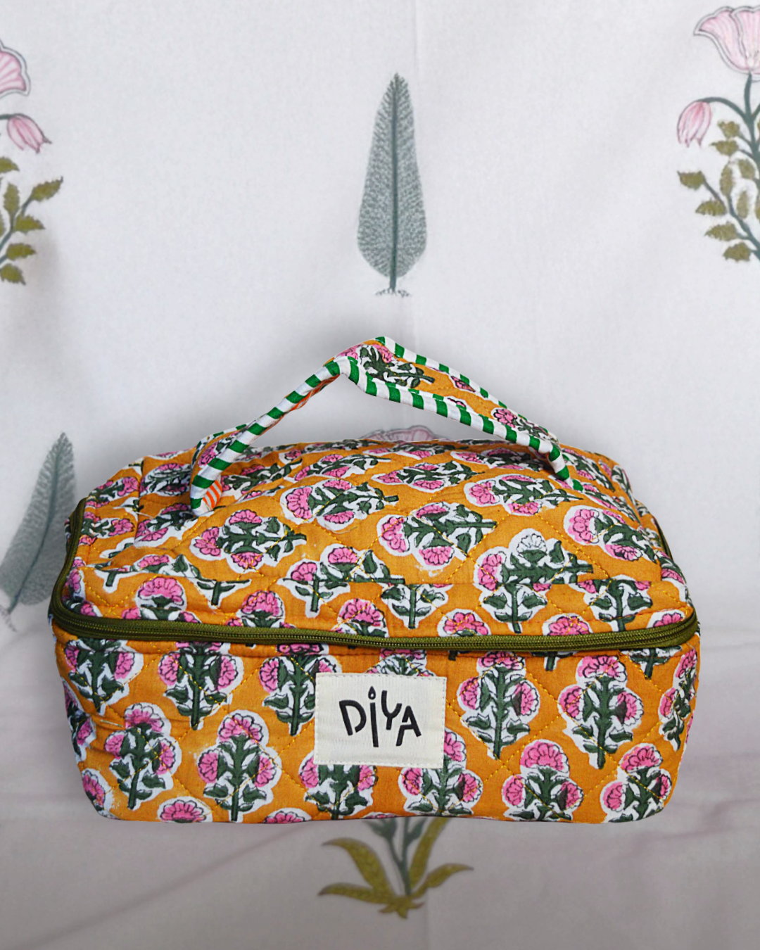 Yellow Base With Pink Flower Makeup Pouch