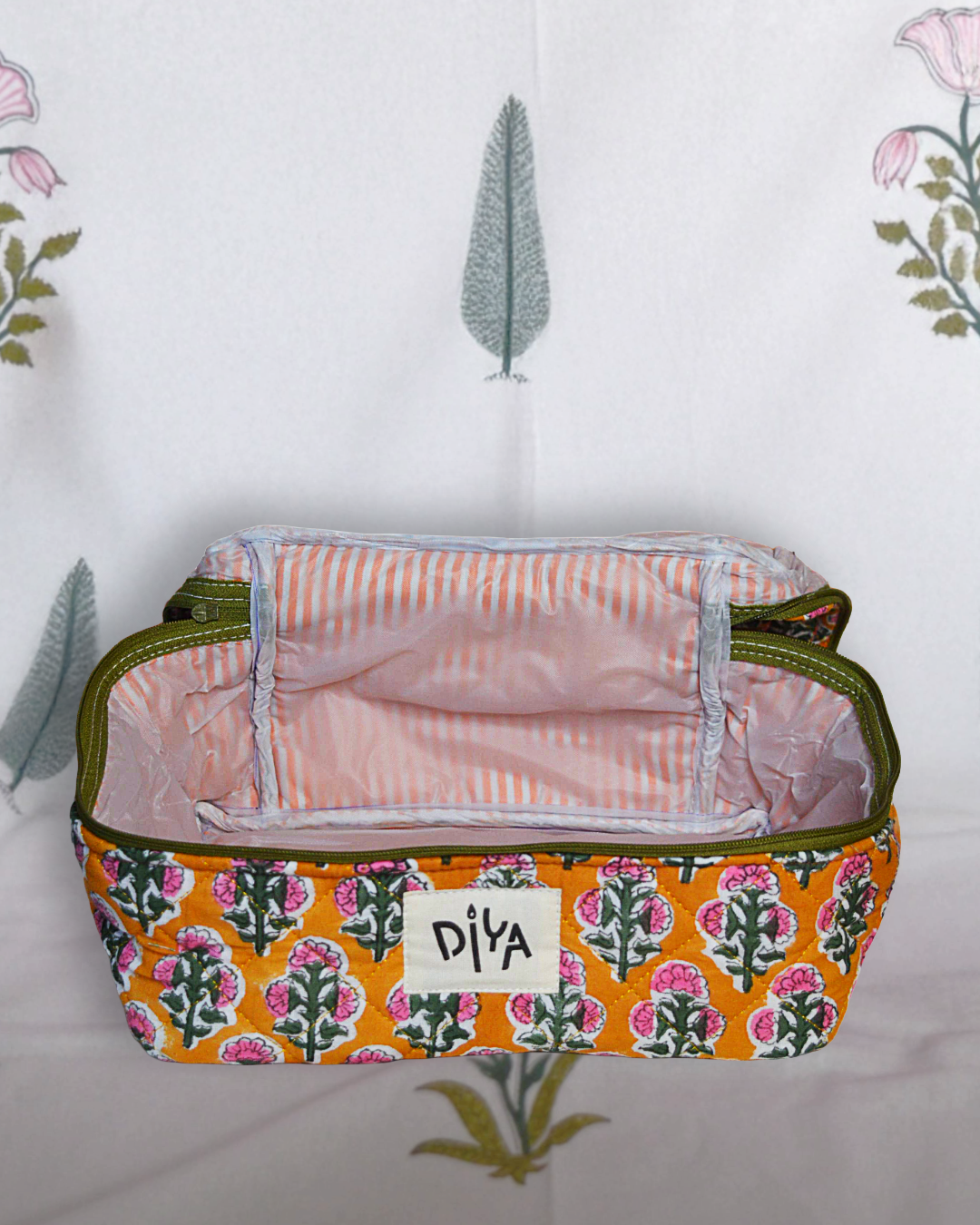 Yellow Base With Pink Flower Makeup Pouch