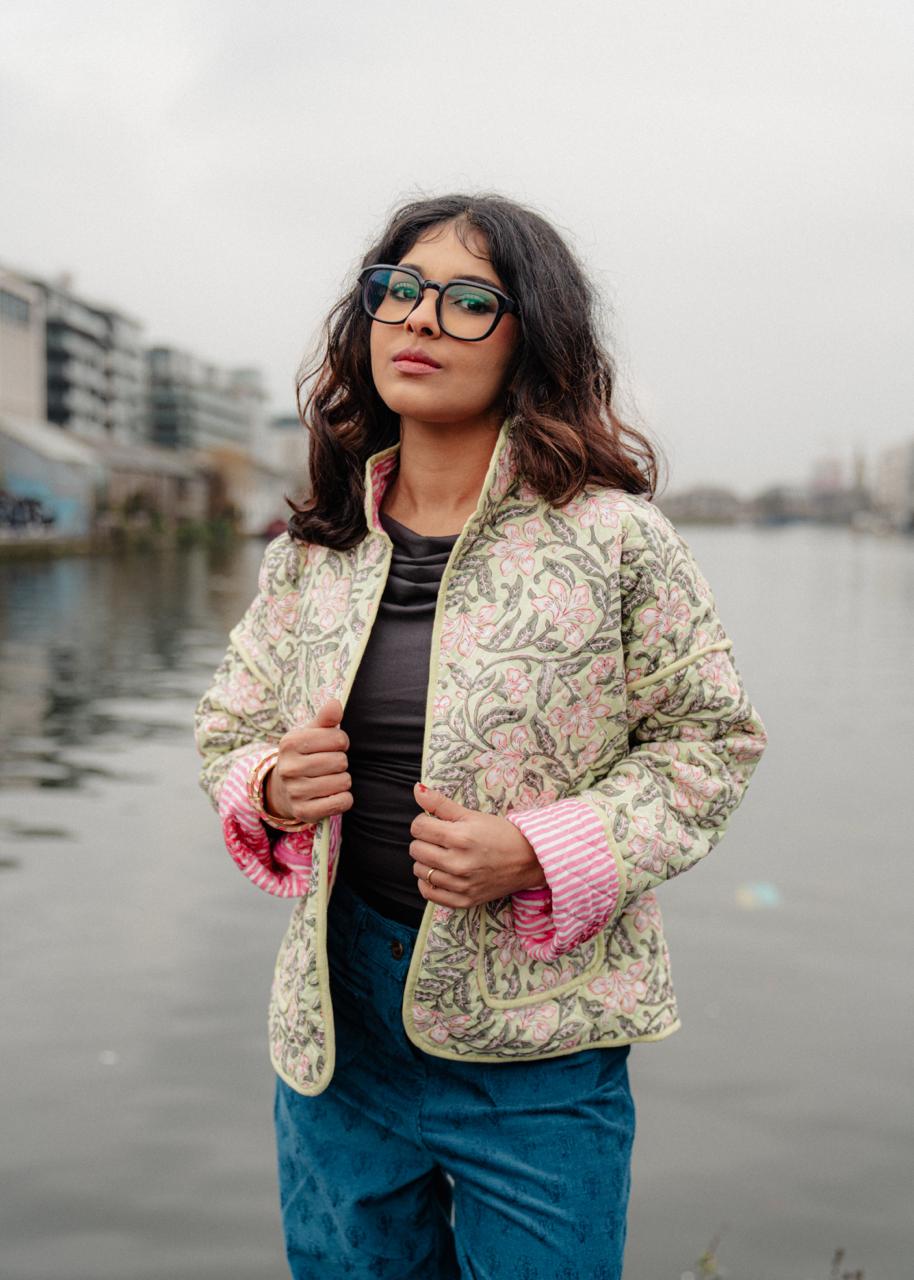 Mint Green & Pink Floral Reversible Quilted Jacket