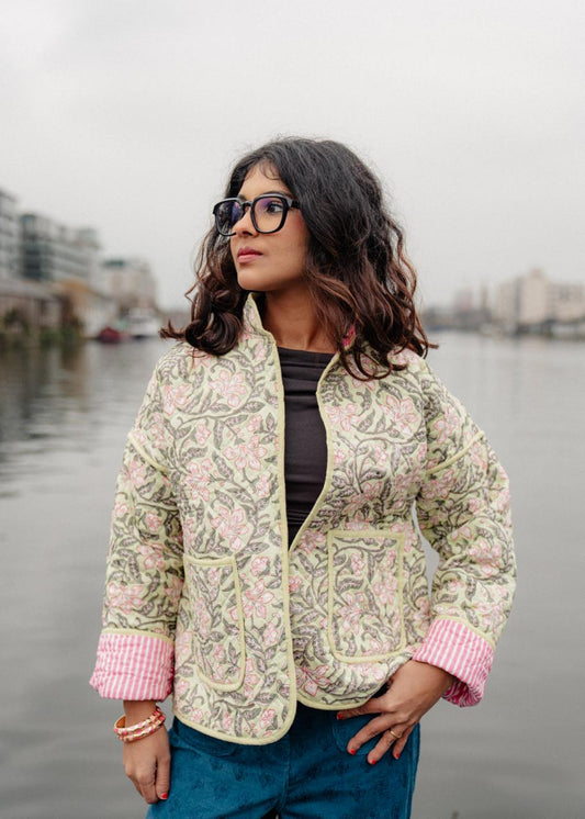 Mint Green & Pink Floral Reversible Quilted Jacket