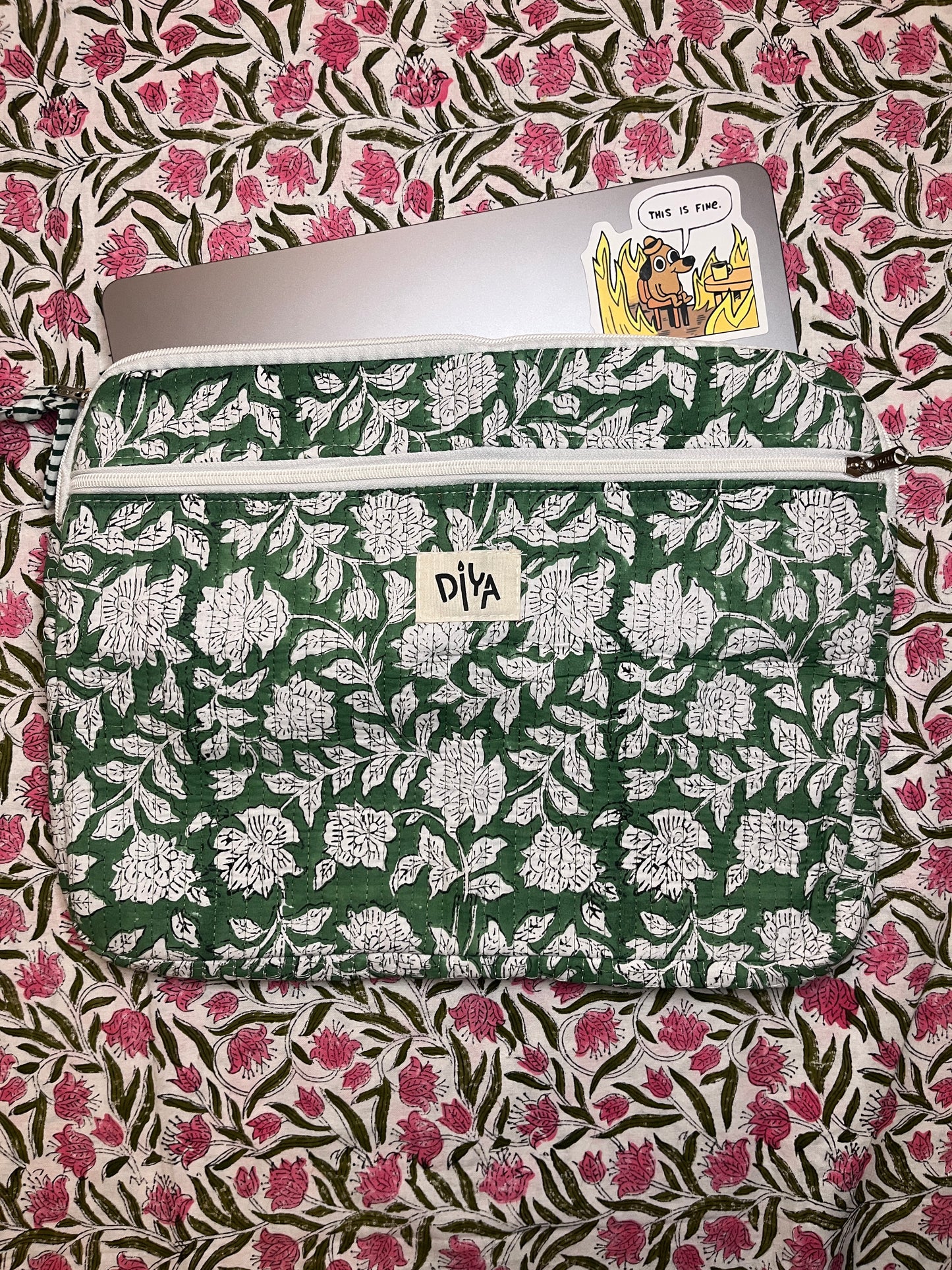 Mint Green Floral Cotton Laptop Sleeve