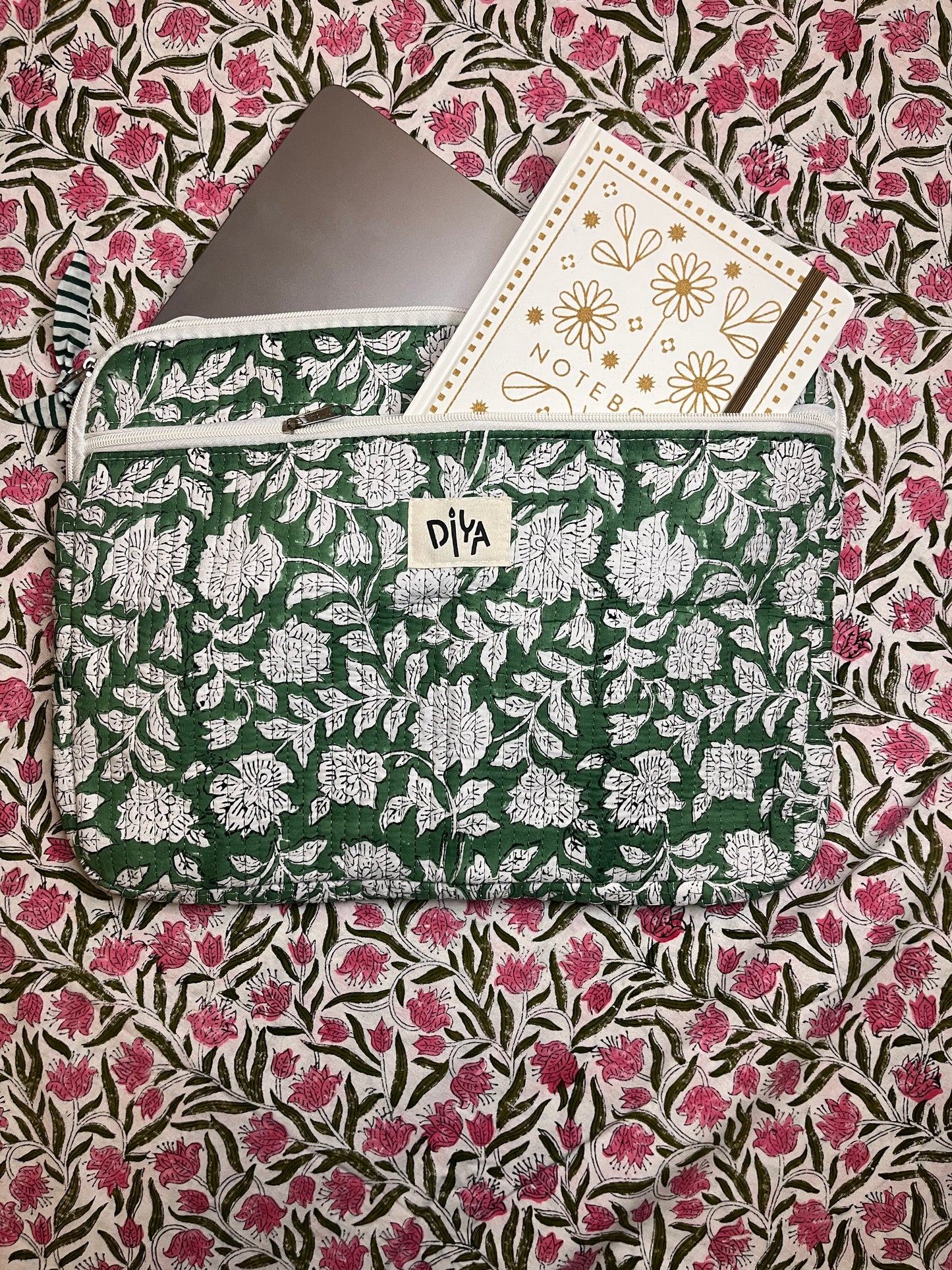 Mint Green Floral Cotton Laptop Sleeve