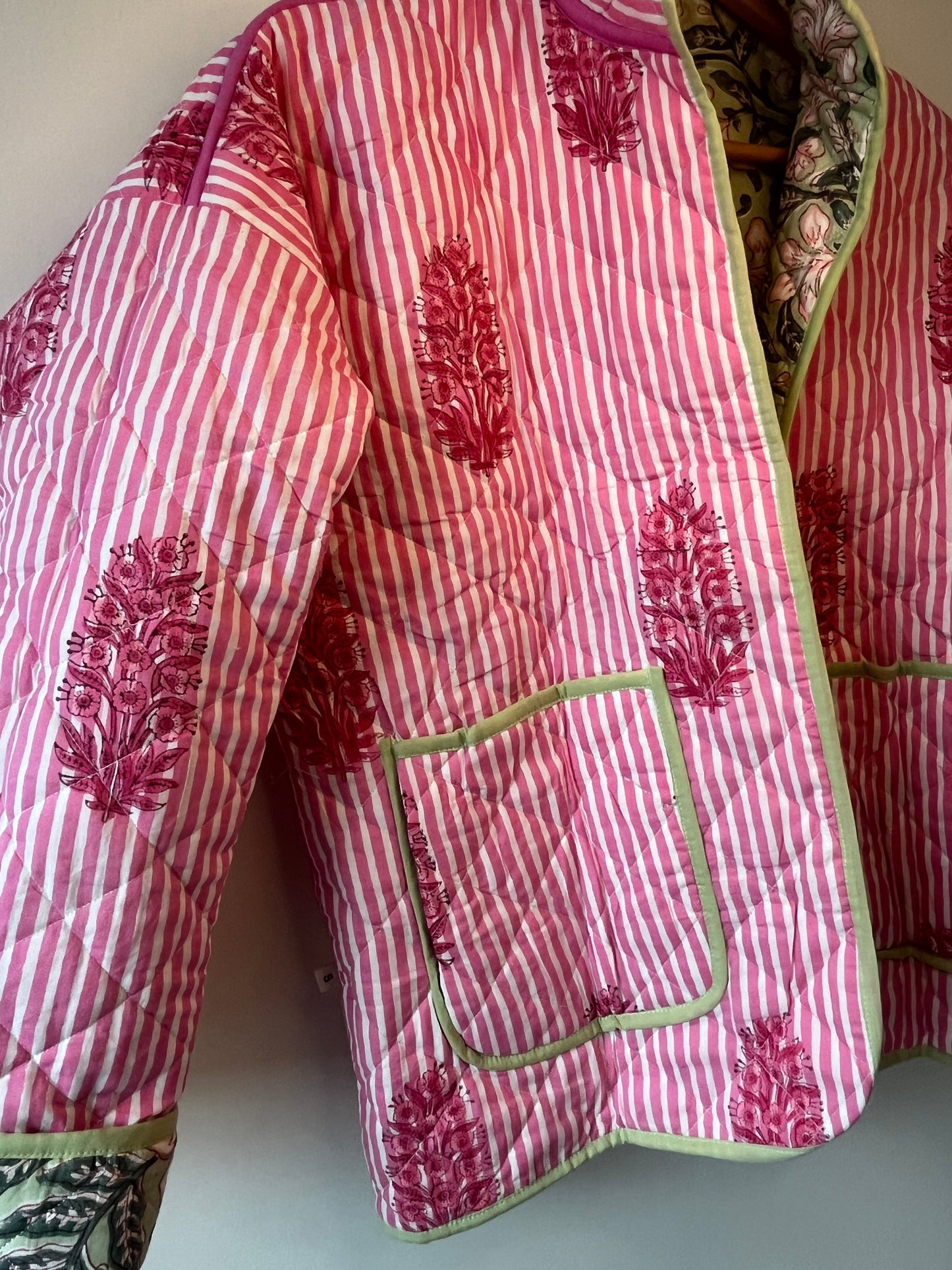 Mint Green & Pink Floral Reversible Quilted Jacket