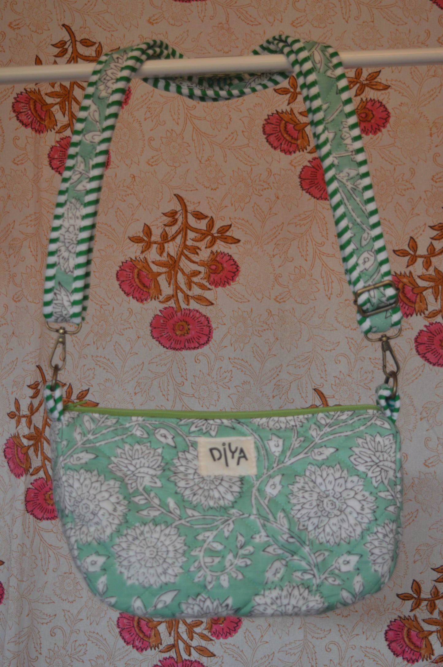Green & White Floral Crossbody Bag