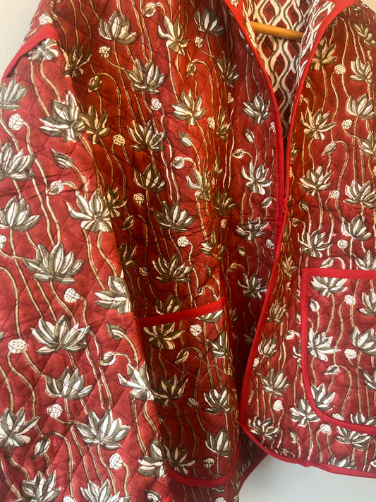 Red & White Floral Reversible Quilted Jacket