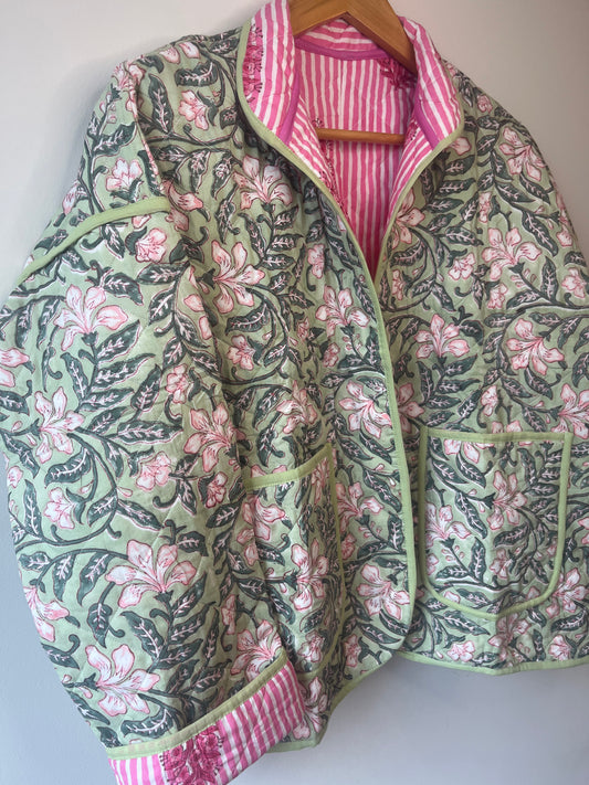 Mint Green & Pink Floral Reversible Quilted Jacket