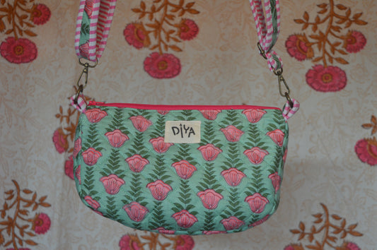 Green Crossbody Bag with Pink Floral Motif