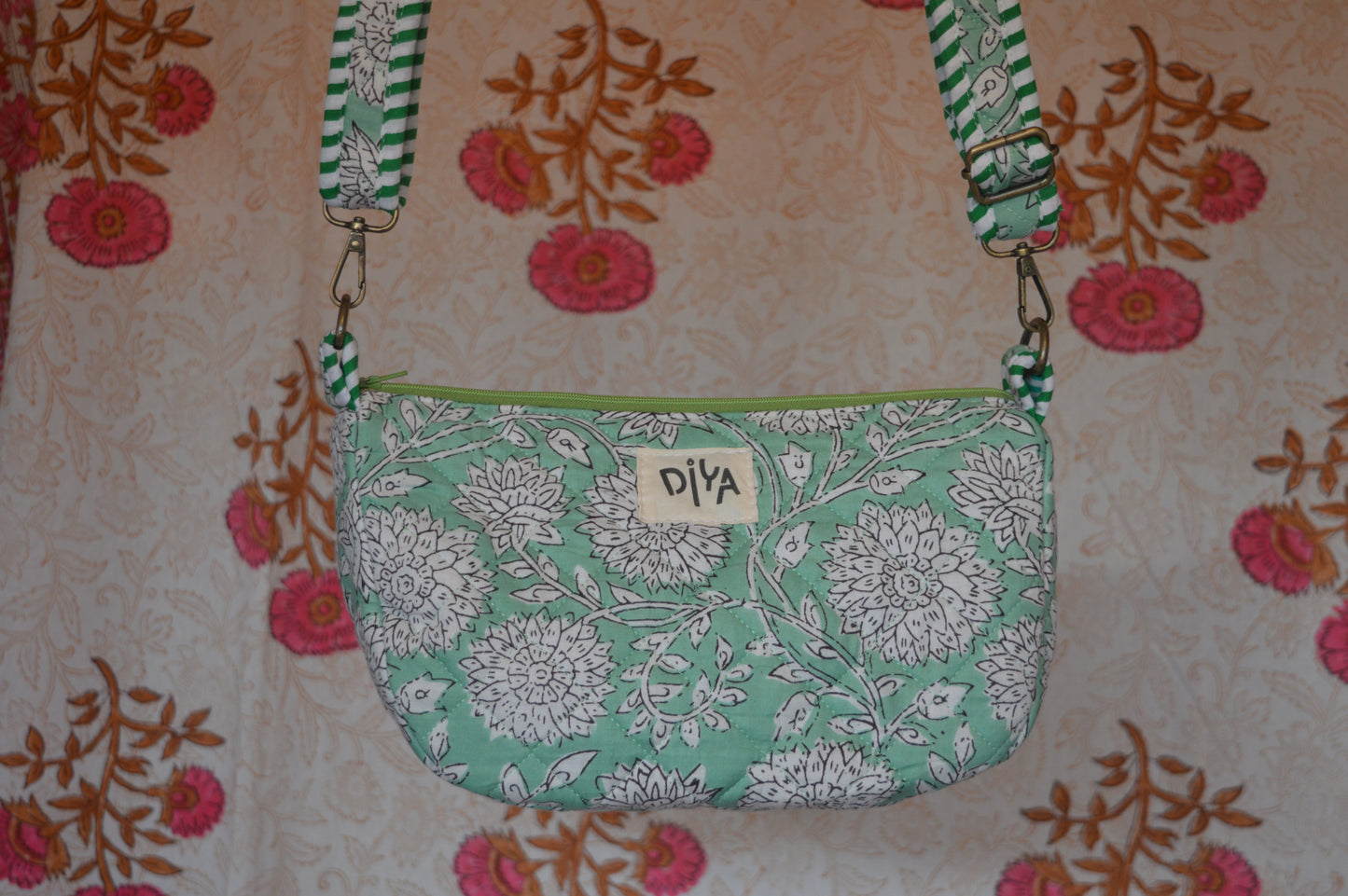 Green & White Floral Crossbody Bag