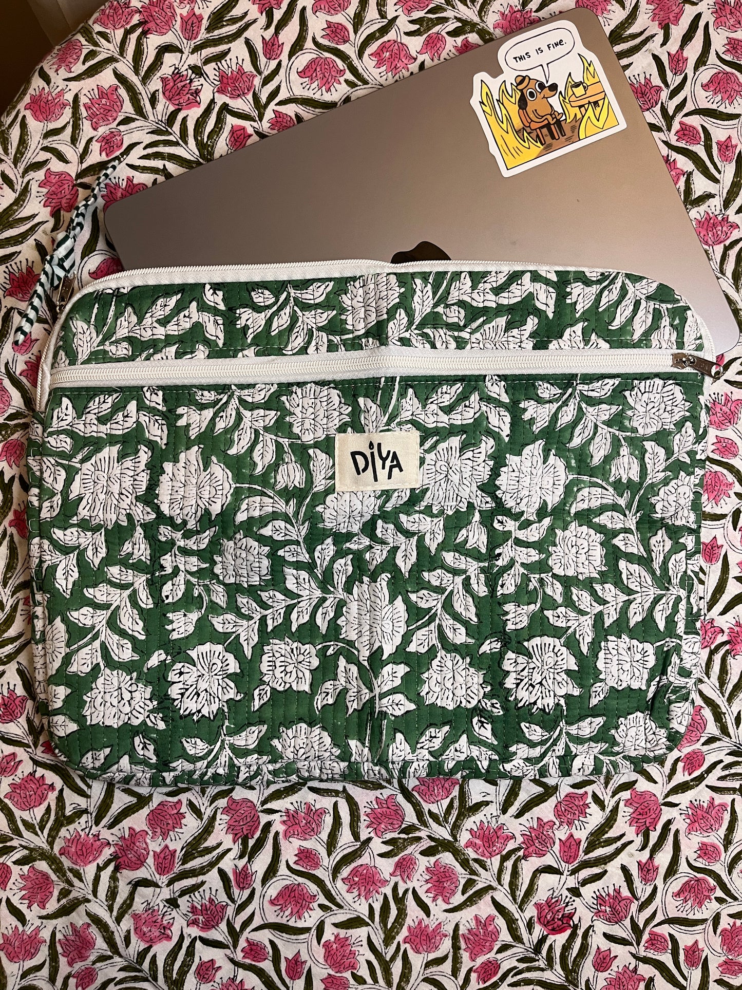 Mint Green Floral Cotton Laptop Sleeve